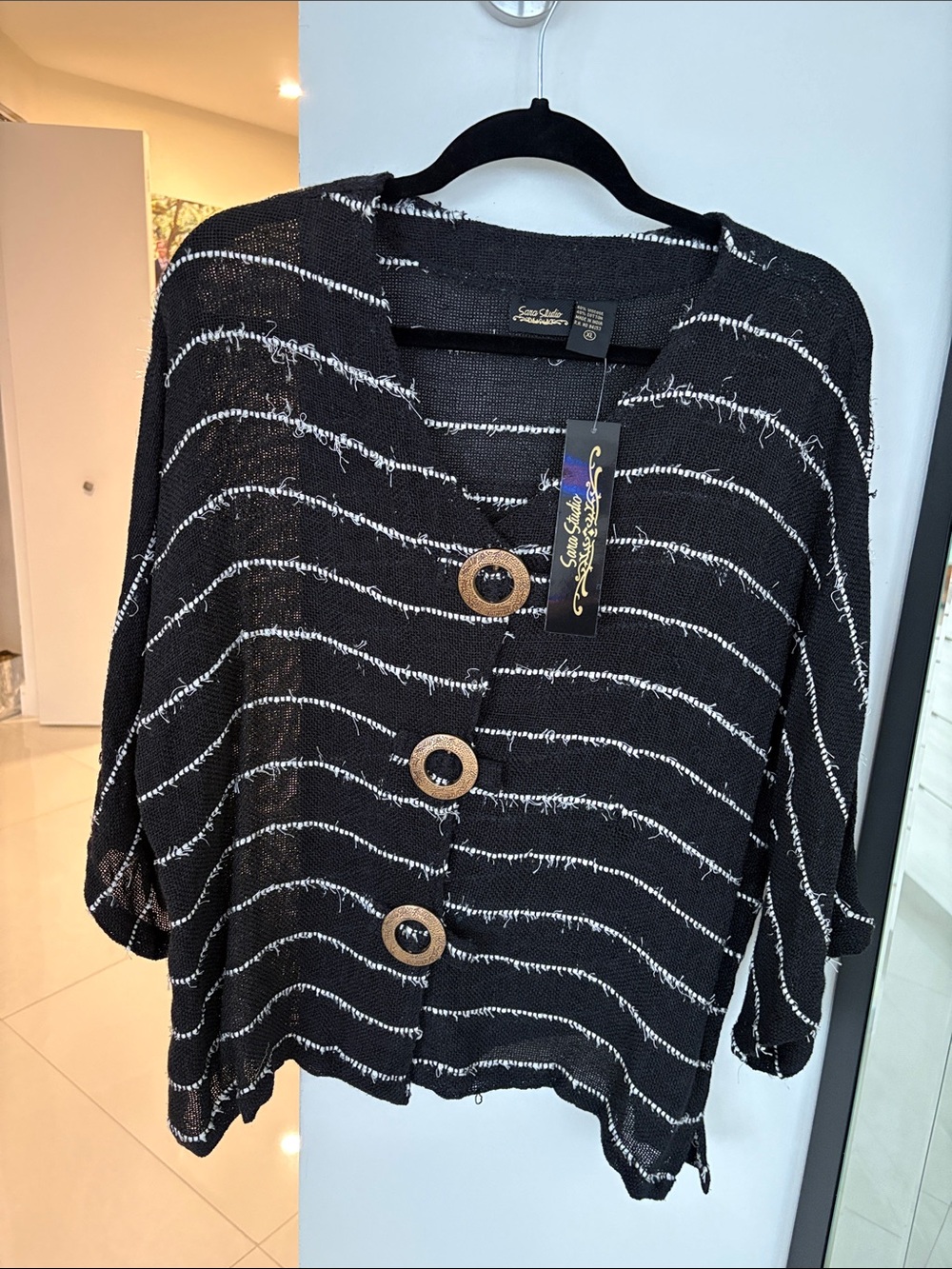 Sara Studio Black Knit Stripe Button-Front Top with Wooden Buttons